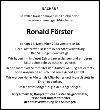 Traueranzeige von Ronald Förster von Südthüringer Presse