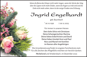 Traueranzeige von Ingrid Engelhardt von Südthüringer Presse