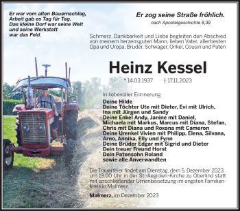 Traueranzeige von Heinz Kessel von Südthüringer Presse
