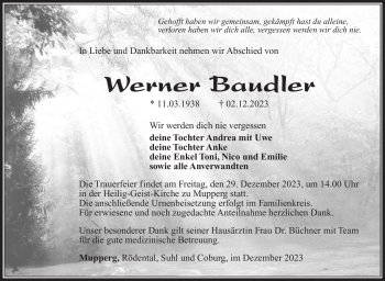 Traueranzeige von Werner Baudler von Südthüringer Presse