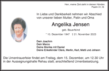 Traueranzeige von Angelika Jensen von Frankenpost