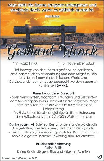 Traueranzeige von Gerhard Wenck von Südthüringer Presse