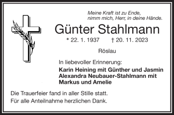 Traueranzeige von Günter Stahlmann von Frankenpost