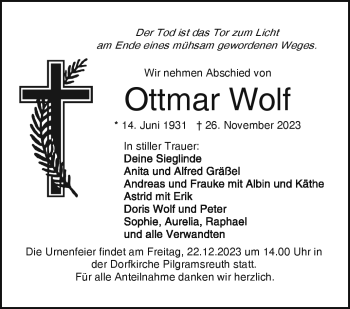 Traueranzeige von Ottmar Wolf von Frankenpost