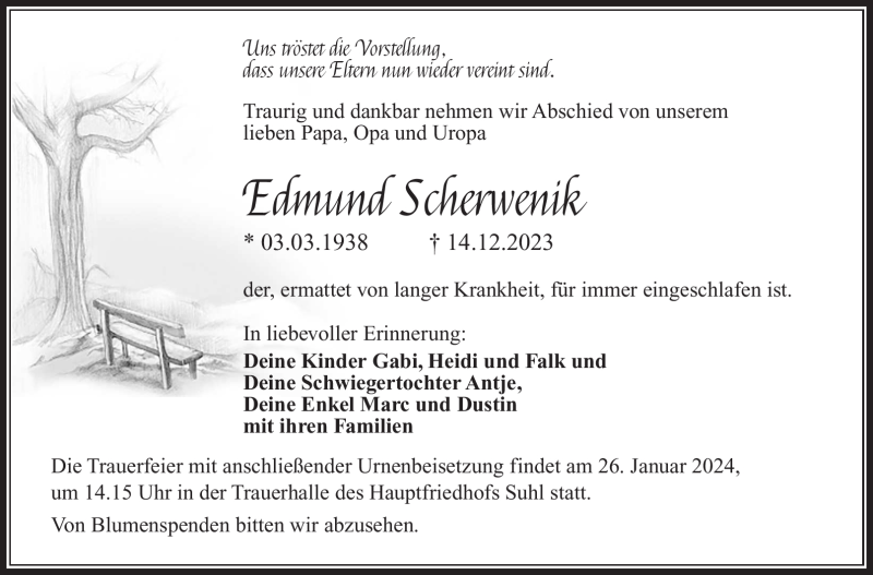  Traueranzeige für Edmund Scherwenik vom 23.12.2023 aus Südthüringer Presse