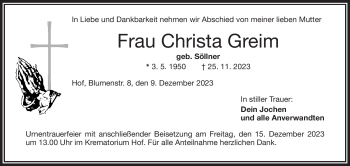 Traueranzeige von Christa Greim von Frankenpost