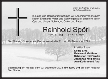 Traueranzeige von Reinhold Spörl von Frankenpost
