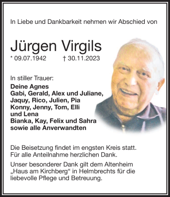 Traueranzeige von Jürgen Virgils von Frankenpost