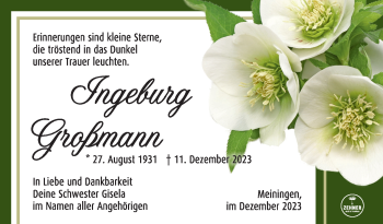 Traueranzeige von Ingeburg Großmann von Südthüringer Presse
