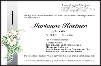 Traueranzeige von Marianne Kästner von Südthüringer Presse
