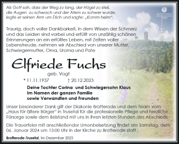 Traueranzeige von Elfriede Fuchs von Südthüringer Presse
