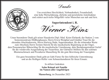 Traueranzeige von Werner Hinz von Südthüringer Presse