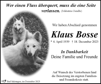 Traueranzeige von Klaus Bosse von Südthüringer Presse