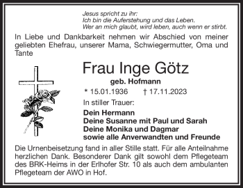 Traueranzeige von Inge Götz von Frankenpost