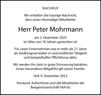 Traueranzeige von Peter Mohrmann von Frankenpost