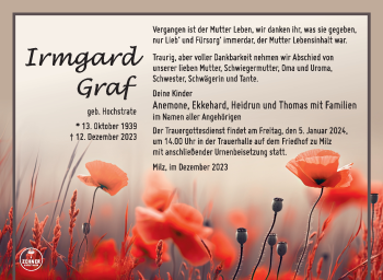 Traueranzeige von Irmgard Graf von Südthüringer Presse