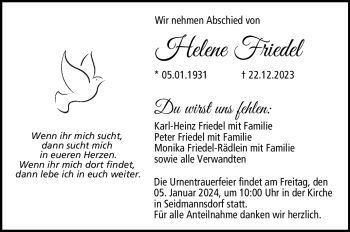 Traueranzeige von Helene Friedel von Neue Presse Coburg