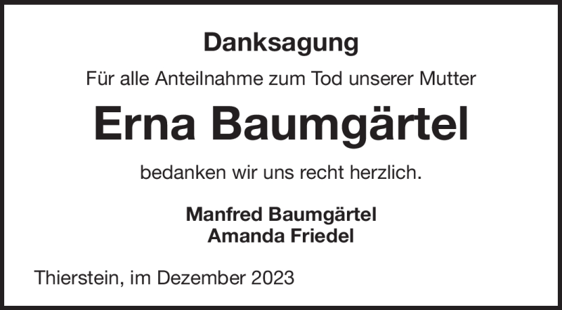  Traueranzeige für Erna Baumgärtel vom 30.12.2023 aus Frankenpost