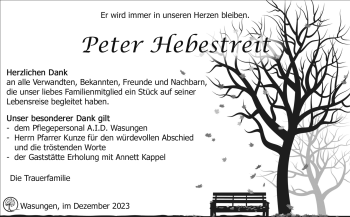 Traueranzeige von Peter Hebestreit von Südthüringer Presse