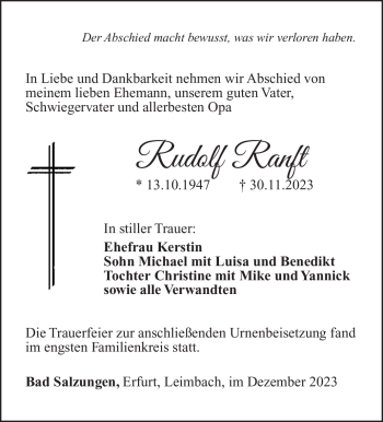 Traueranzeige von Rudolf Ranft von Südthüringer Presse