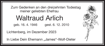 Traueranzeige von Waltraud Arlich von Frankenpost