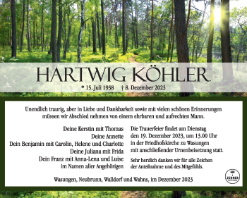 Traueranzeige von Hartwig Köhler von Südthüringer Presse