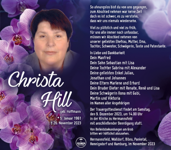 Traueranzeige von Christ Hill von Südthüringer Presse