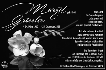 Traueranzeige von Margit Grössler von Südthüringer Presse