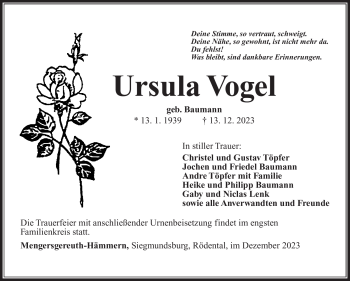 Traueranzeige von Ursula Vogel von Südthüringer Presse