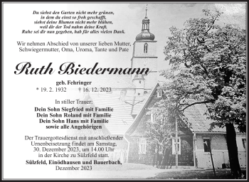 Traueranzeige von Ruth Biedermann von Südthüringer Presse
