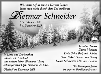 Traueranzeige von Dietmar Schneider von Südthüringer Presse
