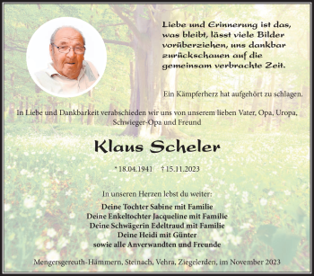 Traueranzeige von Klaus Scheler von Südthüringer Presse