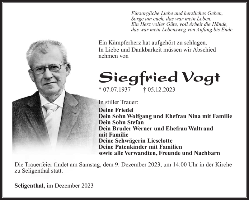  Traueranzeige für siegfried Vogt vom 07.12.2023 aus Südthüringer Presse