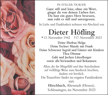 Traueranzeige von Dieter Höfling von Südthüringer Presse