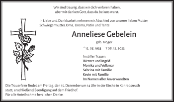 Traueranzeige von Anneliese Gebelein von Frankenpost