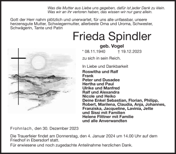 Traueranzeige von Frieda Spindler von Neue Presse Coburg