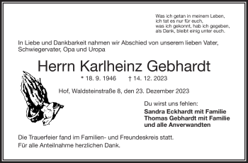Traueranzeige von Karlheinz Gebhardt von Frankenpost