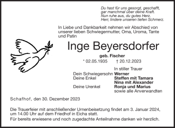 Traueranzeige von Inge Beyersdorfer von Neue Presse Coburg