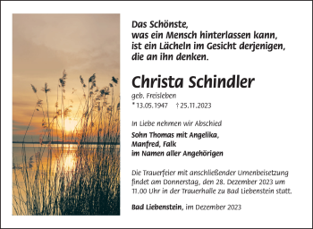 Traueranzeige von Christa Schindler von Südthüringer Presse