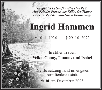 Traueranzeige von Ingrid Hammen von Südthüringer Presse