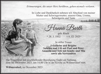 Traueranzeige von Hanna Barth von Südthüringer Presse