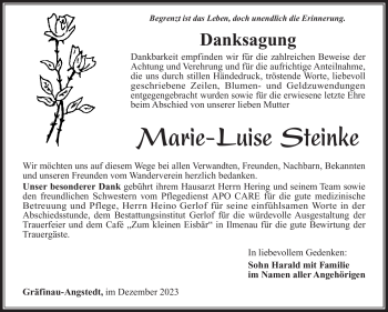 Traueranzeige von Marie-Luise Steinke von Südthüringer Presse