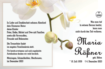 Traueranzeige von Maria Rößner von Südthüringer Presse