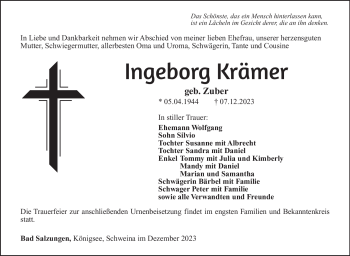 Traueranzeige von Ingeborg Krämer von Südthüringer Presse