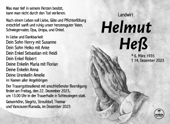 Traueranzeige von Helmut Heß von Südthüringer Presse