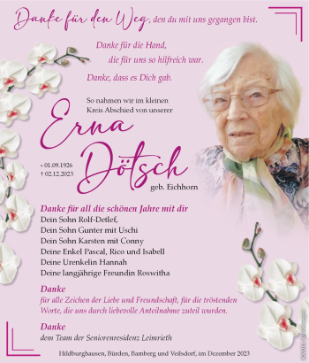 Traueranzeige von Erna Dötsch von Südthüringer Presse