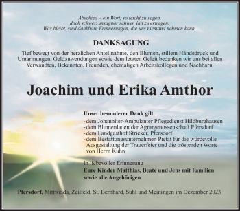 Traueranzeige von JoachimErika AmthorAmthor von Südthüringer Presse