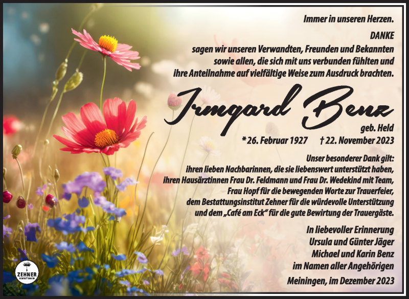  Traueranzeige für Irmgard Benz vom 09.12.2023 aus Südthüringer Presse