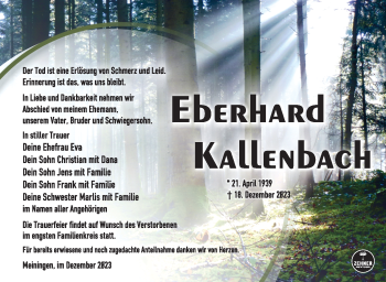 Traueranzeige von Eberhard Kallenbach von Südthüringer Presse