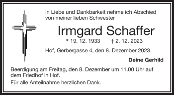Traueranzeige von Irmgard Schaffer von Frankenpost